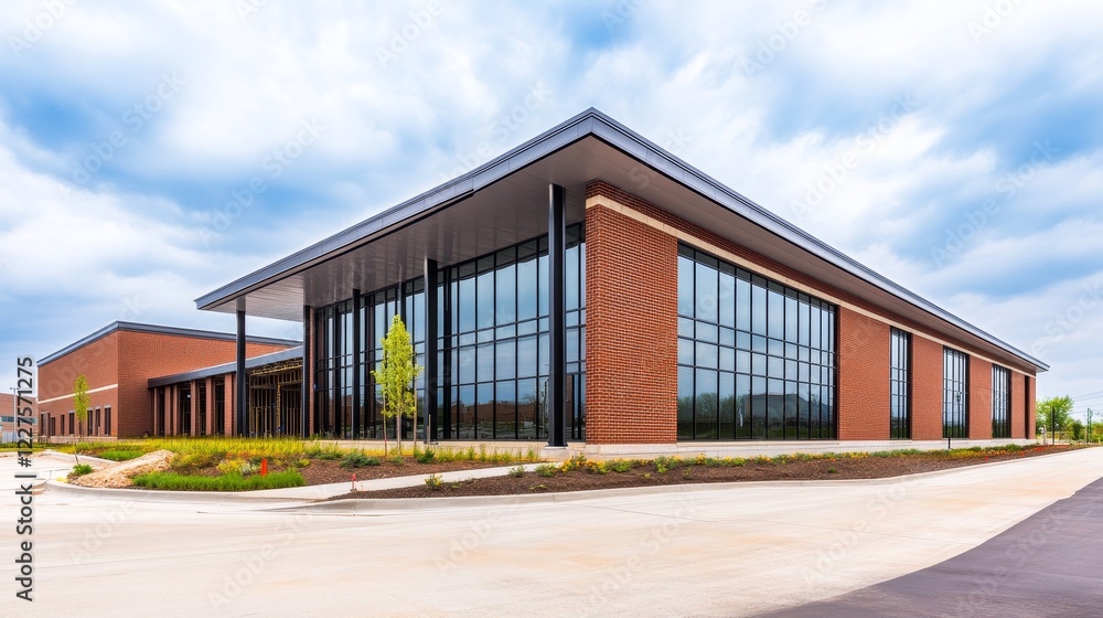 custom made wallpaper toronto digitalModern commercial building with large glass windows surrounded by landscaped area under a cloudy sky