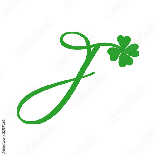 Símbolo de primavera. Logo con letra inicial J con trébol de cuatro hojas para felicitaciones y tarjetas del día de San Patricio