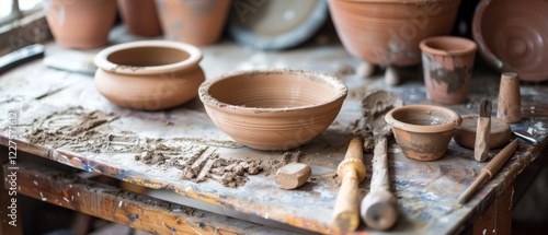 Photo of pottery on a master's work table. Ideal for handicraft blogs, pottery masterclasses, art studio websites. photo