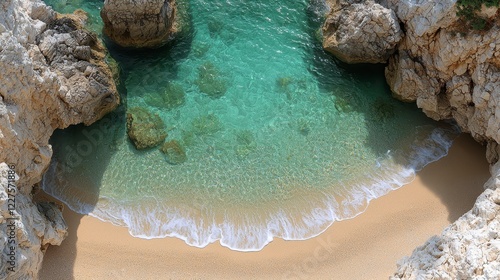 Fototapeta Naklejka Na Ścianę i Meble -  Secluded cove aerial view, turquoise water, sandy beach, rocky cliffs, summer vacation