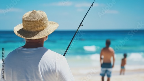 Fishing by the ocean, a man with a straw hat casting a line, while two people enjoy the beach, capturing a serene outdoor lifestyle and family leisure activities.