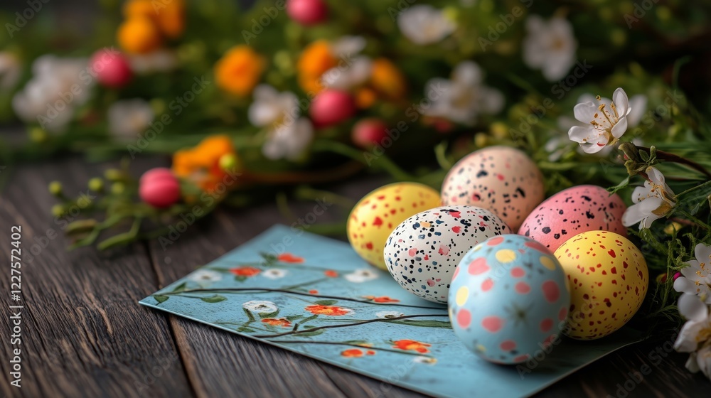 Fototapeta premium Vibrant Easter Eggs and Spring Flowers in Beautiful Arrangement