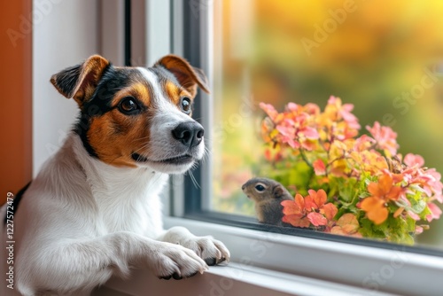 Wallpaper Mural A dog observing a squirrel from behind a window, its ears perked and nose pressed to the glass Torontodigital.ca