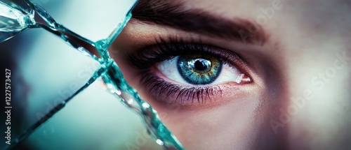 Eye, detailed close-up view through broken glass reflecting emotions and vulnerability, symbolizing introspection, perception, and fragility in human experience.