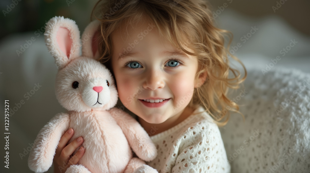 Charming girl in a white sweater with a plush bunny, selective focus Charming girl in a white sweater with a plush bunny, selective focus