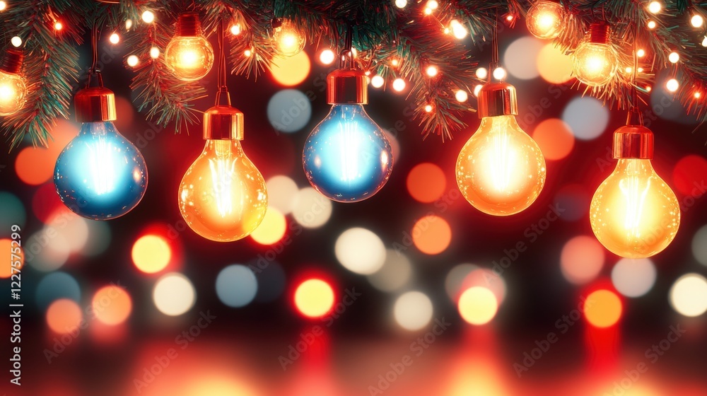 Colorful Holiday Lights Hanging on Pine Tree Branch with Bokeh Colorful Holiday Lights Hanging on Pine Tree Branch with Bokeh