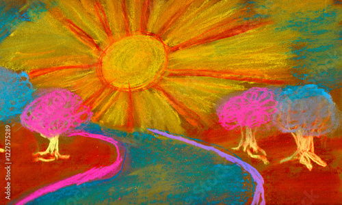 The Path - Hand drawn pastel chalk drawing with blue path and a huge sun. Anthroposophical drawing.