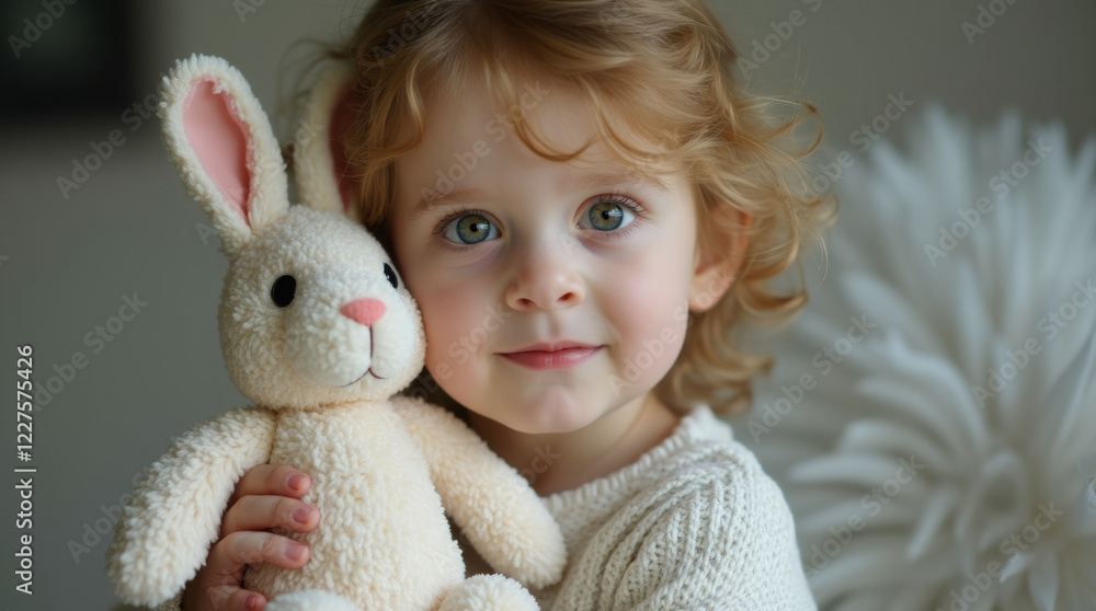 Curly cute girl in white sweater with plush bunny, selective focus Curly cute girl in white sweater with plush bunny, selective focus
