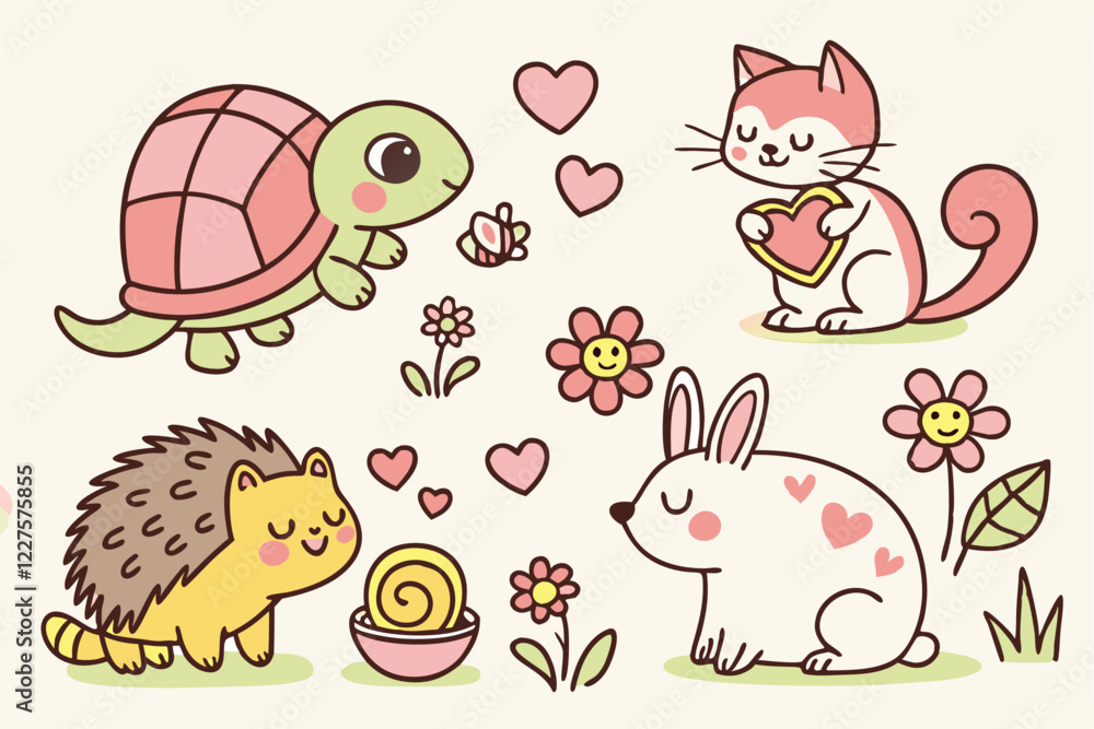 Obraz premium Cute cartoon animals, colorful illustrations, kawaii style, hearts, flowers, turtle, chameleon, dogs, cats, hamster, fish bowl, snail, hedgehog, rabbit, bird, fox, love letters, pastel colors, childis