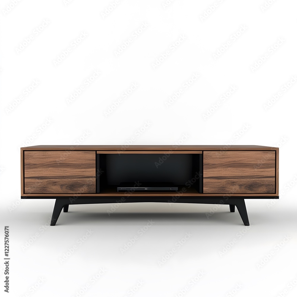 Wooden tv stand with black television modern design isolated on white background Wooden tv stand with black television modern design isolated on white background