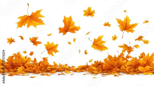 Vibrant Orange Autumn Leaves Falling Against a White Background
