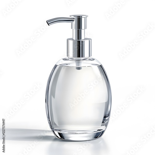 Soap dispenser with clear bottle isolated on a white background for cleaning and hygiene use photo