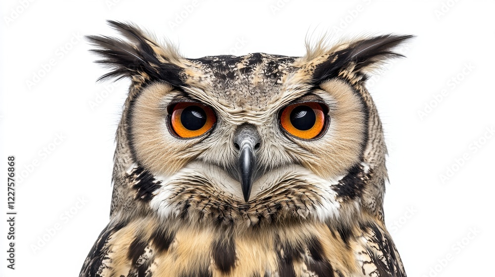 Naklejka premium Detailed Portrait of Majestic Owl with Striking Orange Eyes