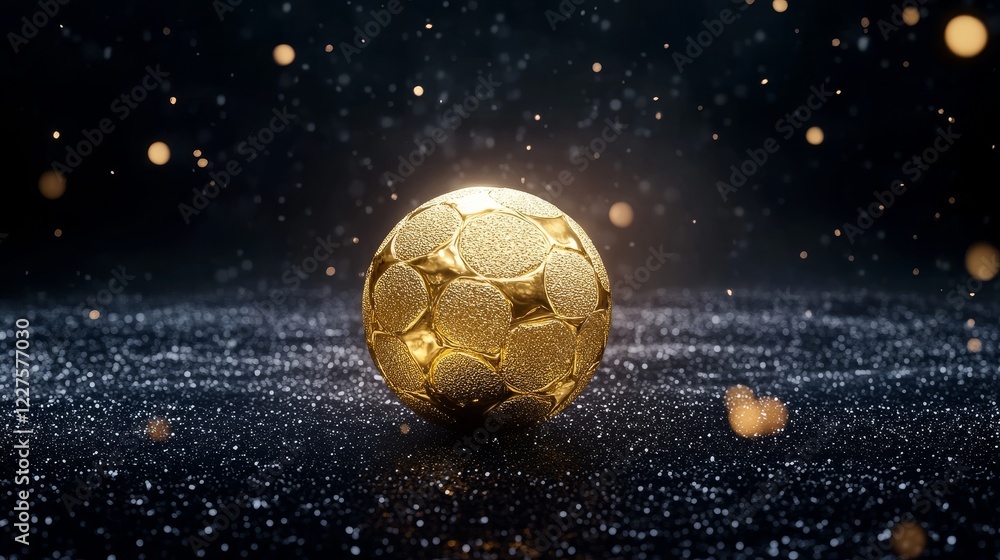 Naklejka premium Golden Soccer Ball on Glitter - A sparkling golden soccer ball rests on a bed of dark glitter, illuminated by soft light. Perfect for sports, victory, or luxury themes.