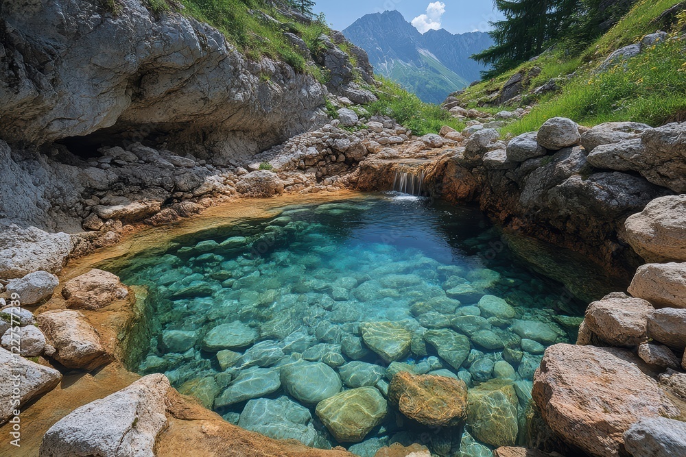 Crystal clear spring water surrounded by stones in a serene natural setting Crystal clear spring water surrounded by stones in a serene natural setting