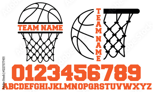 Black Bold Half Basketball and Half Hoop with Net Split Name Frame Basketball Vector and Clip Art