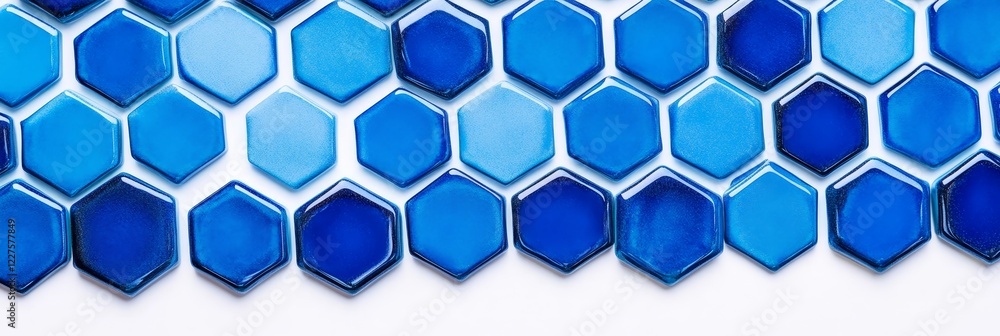 Fototapeta premium Blue Hexagon Tile Pattern - A close-up image of a repeating pattern of glossy blue hexagon tiles on a white background.
