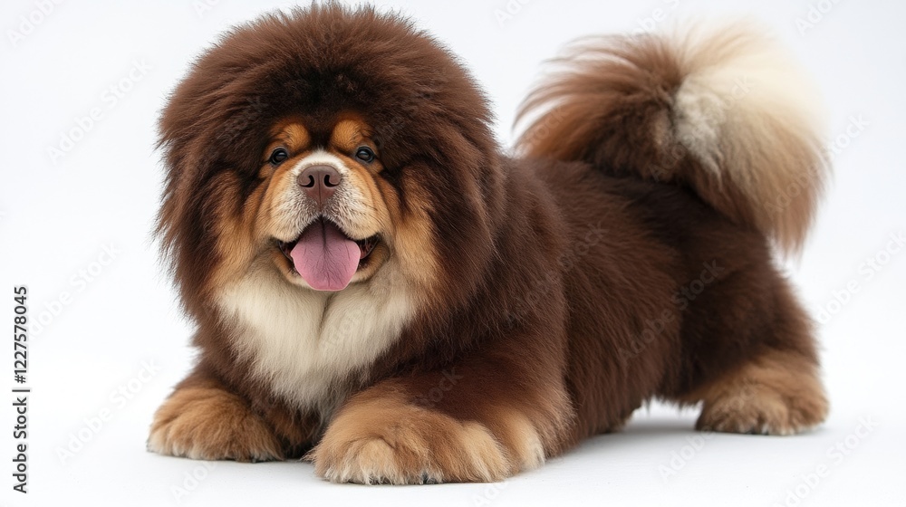 Adorable fluffy dog with bright coat lying on a white background Adorable fluffy dog with bright coat lying on a white background