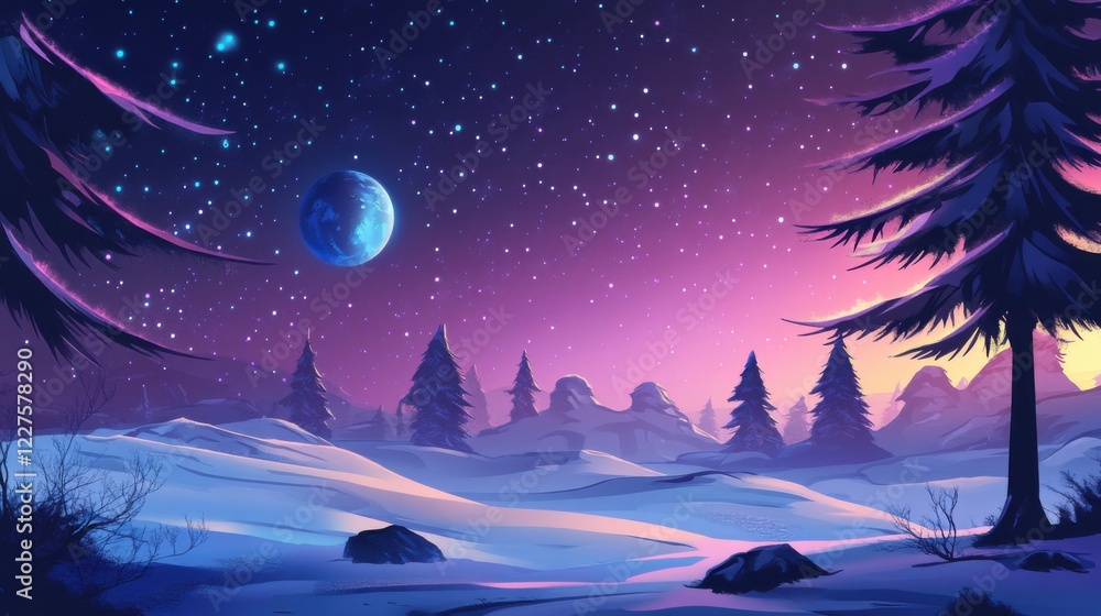 Fototapeta premium a snowy landscape with trees and a moon