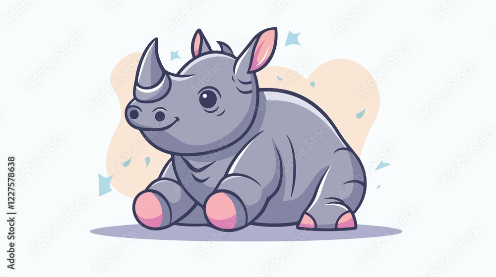 Adorable Rhino Sitting Flat Vector Illustration with Playful Expression Adorable Rhino Sitting Flat Vector Illustration with Playful Expression