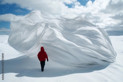 A lengthy scarf flowing in the wind as it trails behind a person walking across a snowy landscape photo