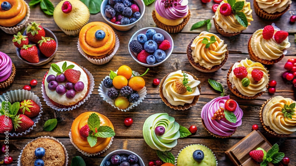 Aerial View: Delicious Assortment of Cakes, Cupcakes & Sweets Aerial View: Delicious Assortment of Cakes, Cupcakes & Sweets