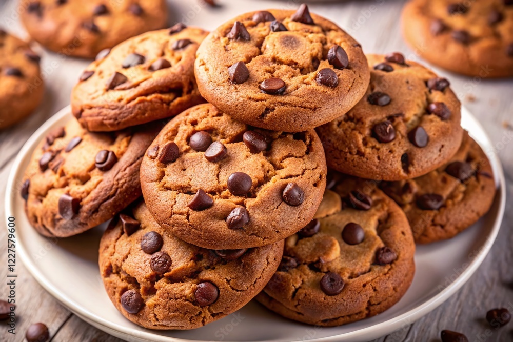 Aerial View: Delicious Chocolate Chip Cookies Stacked on White Plate Aerial View: Delicious Chocolate Chip Cookies Stacked on White Plate