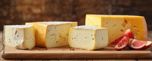 group of different colored cheeses on a wooden cutting board, colorful cheese, gouda, parmesan photo