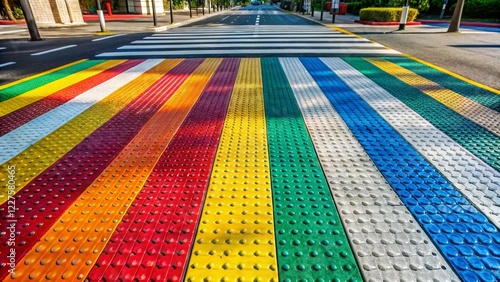 Closeup view at colorful crosswalk with tactile paving design concept
