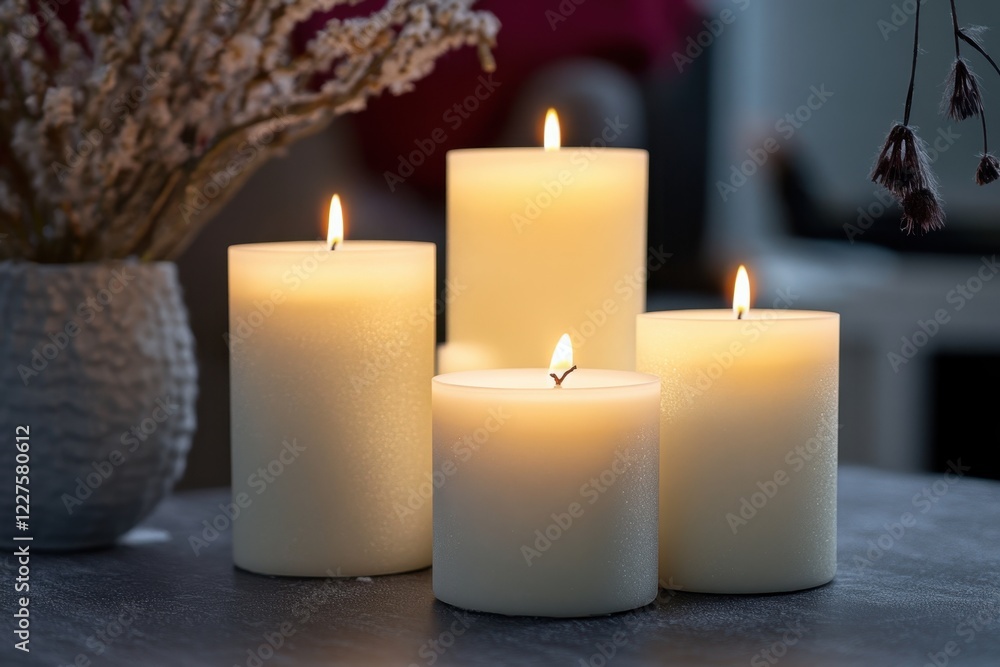 Soft flickering candlelight creates a warm atmosphere in a cozy living room setting Soft flickering candlelight creates a warm atmosphere in a cozy living room setting
