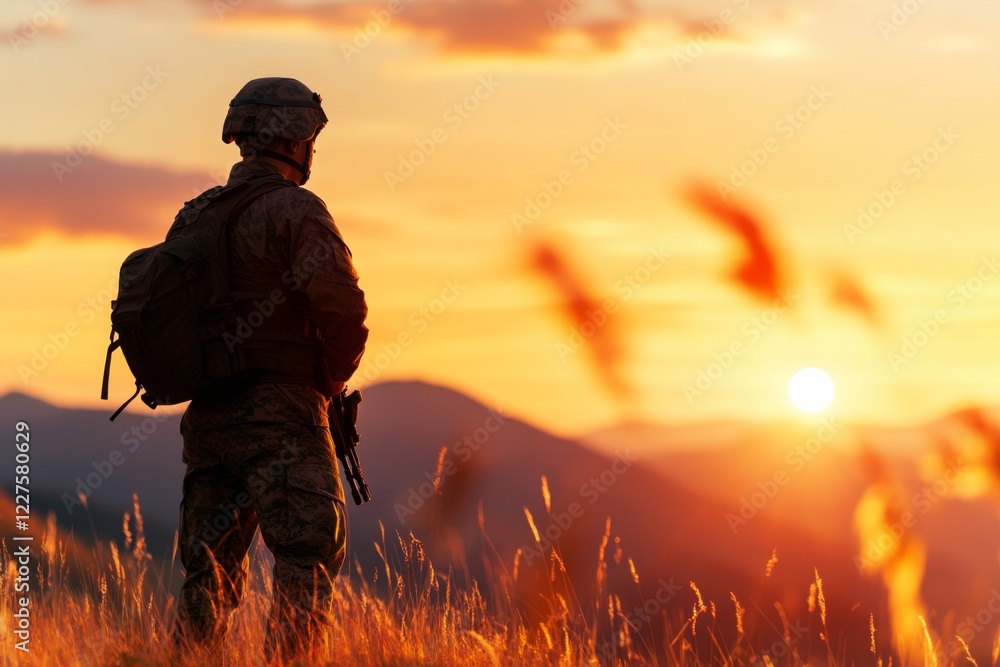 A military officer standing on a hill, overseeing troops in formation during a training exercise A military officer standing on a hill, overseeing troops in formation during a training exercise