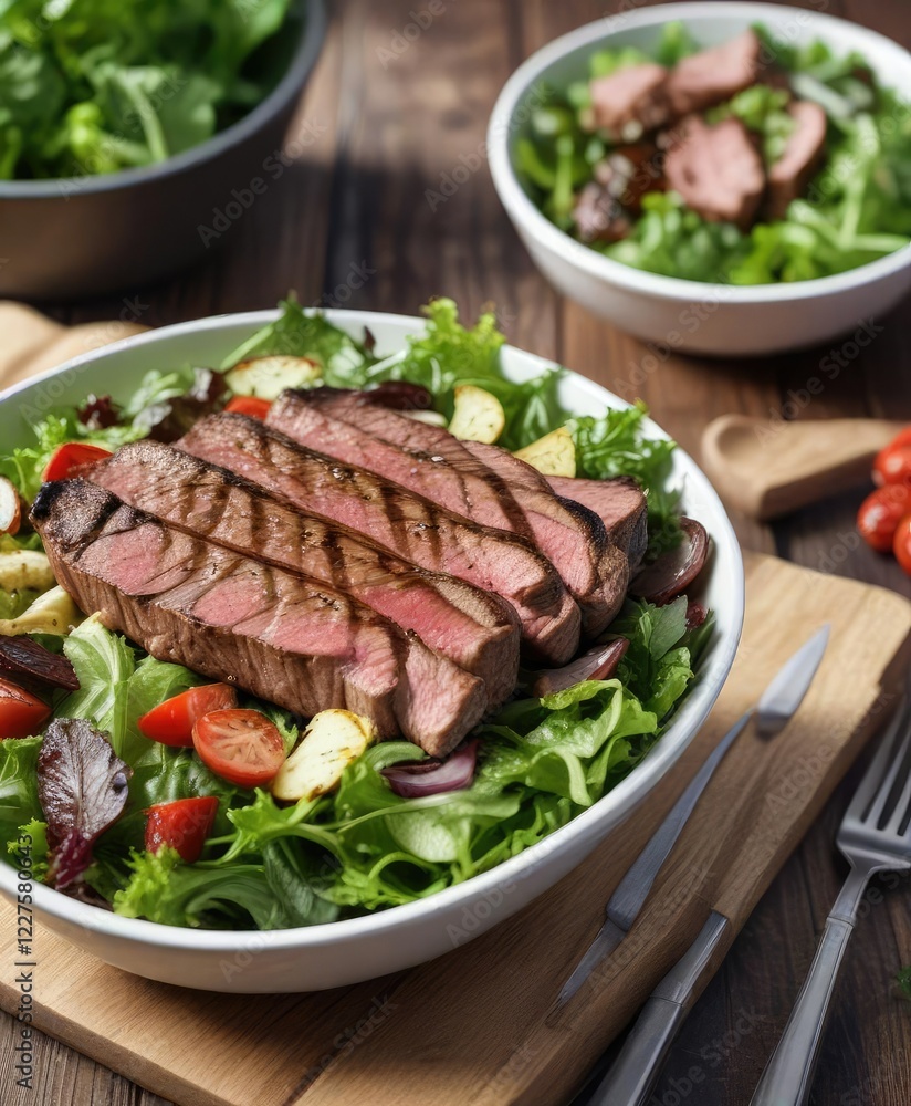 Grilled steak and mixed greens salad in a bowl, vegetable, salad, grill Grilled steak and mixed greens salad in a bowl, vegetable, salad, grill