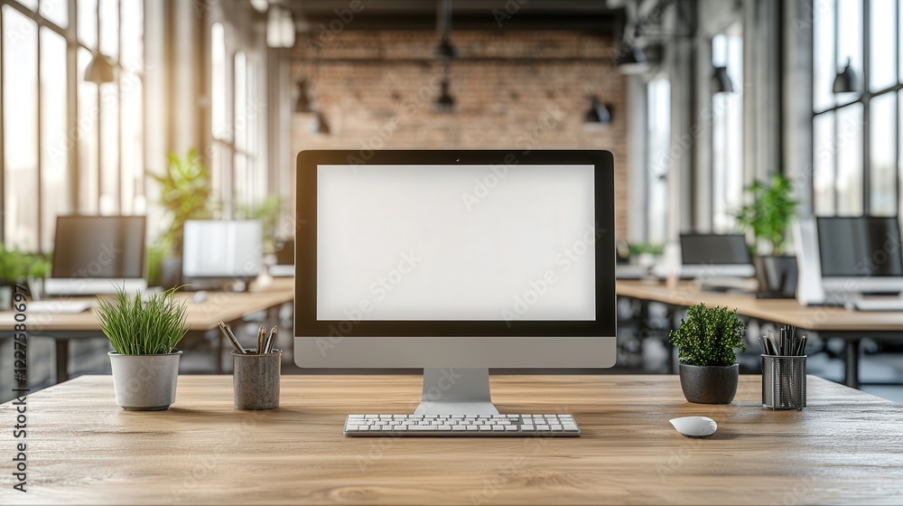 Fototapeta premium Bright and Modern Workspace Design with Well-Lit Environment and Minimalist Aesthetics