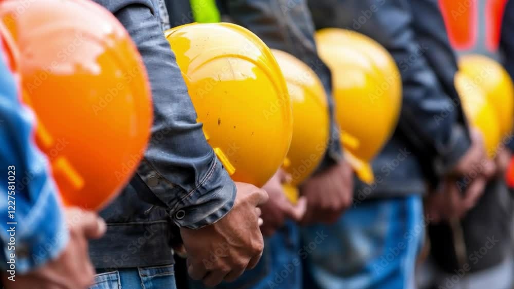 Video with workers in helmets standing in a row. Great for corporate presentations, construction company websites, industrial advertising.
Video with workers in helmets standing in a row. Great for corporate presentations, construction company websites, industrial advertising.
