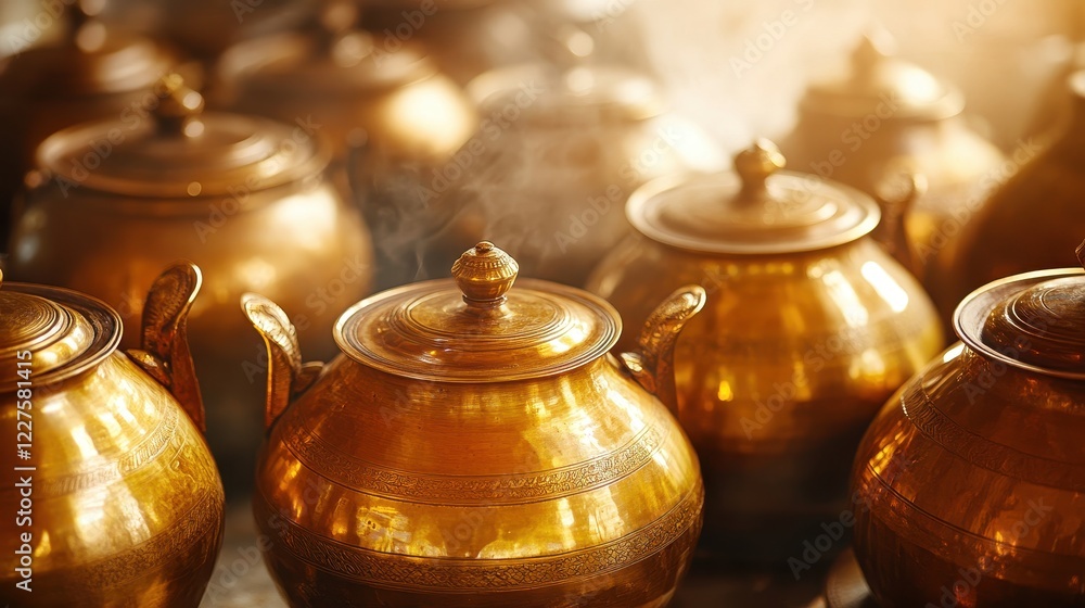 Glimmering Metal Pots in Soft Light Displaying Traditional Craftsmanship Glimmering Metal Pots in Soft Light Displaying Traditional Craftsmanship