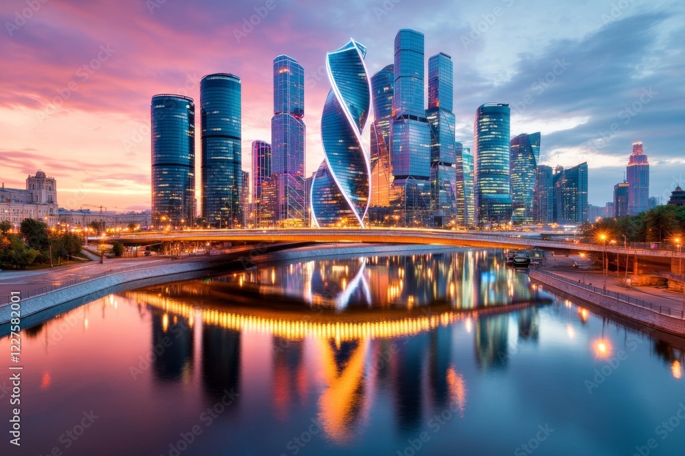 Fototapeta premium A modern cityscape at night, greatly illuminated by glowing skyscrapers and vibrant lights, symbolizing progress and innovation