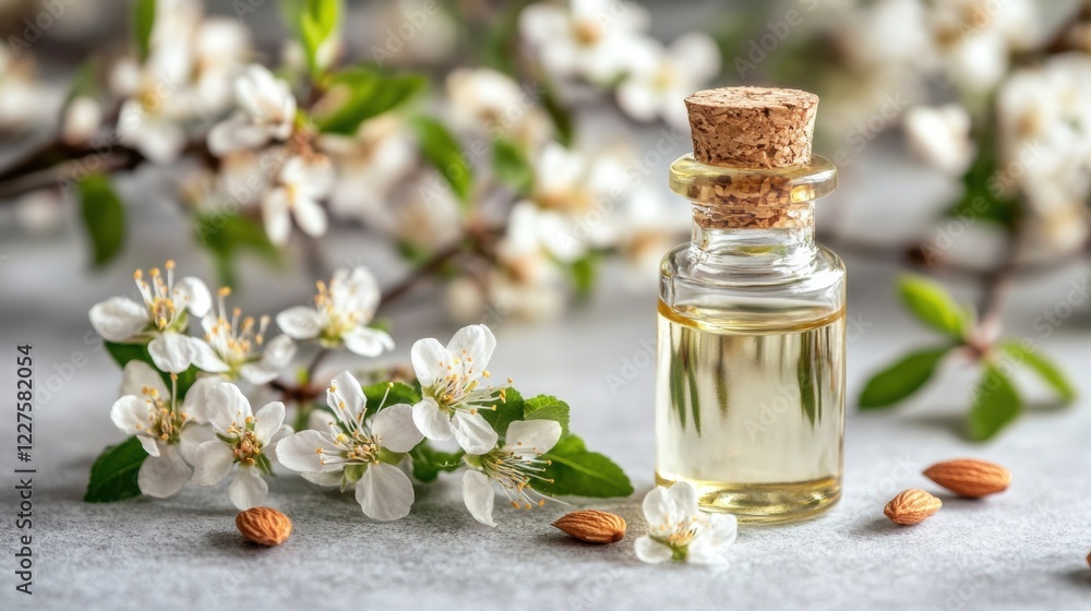 Essential Oil Bottle Surrounded by Blossoms and Nuts on Table Essential Oil Bottle Surrounded by Blossoms and Nuts on Table
