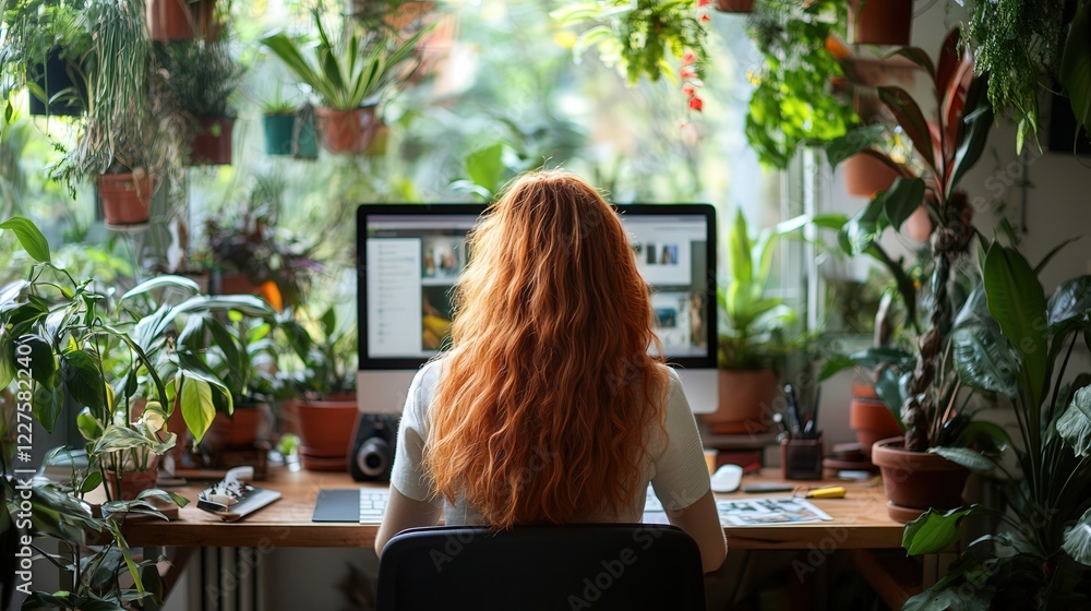 Woman Working from Home in a Green Indoor Workspace with Video Conferencing Setup Woman Working from Home in a Green Indoor Workspace with Video Conferencing Setup
