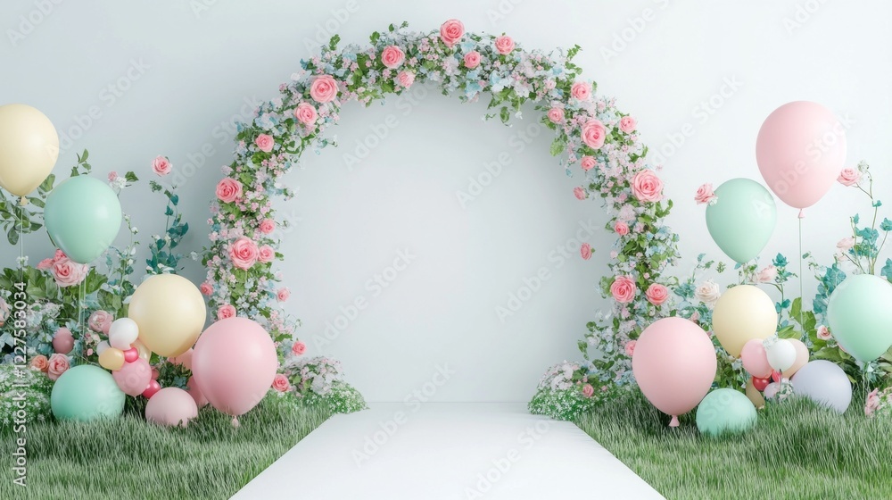 An enchanting archway draped in delicate roses and surrounded by soft pastel balloons invites joyful festivities. Set in a serene garden, this vibrant display sets the stage for celebrations An enchanting archway draped in delicate roses and surrounded by soft pastel balloons invites joyful festivities. Set in a serene garden, this vibrant display sets the stage for celebrations