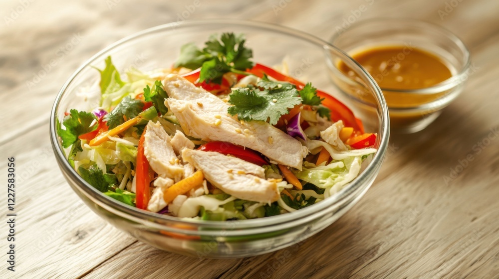 A fresh and crispy Asian-style chicken salad with cabbage, bell peppers, and a sesame ginger dressing A fresh and crispy Asian-style chicken salad with cabbage, bell peppers, and a sesame ginger dressing