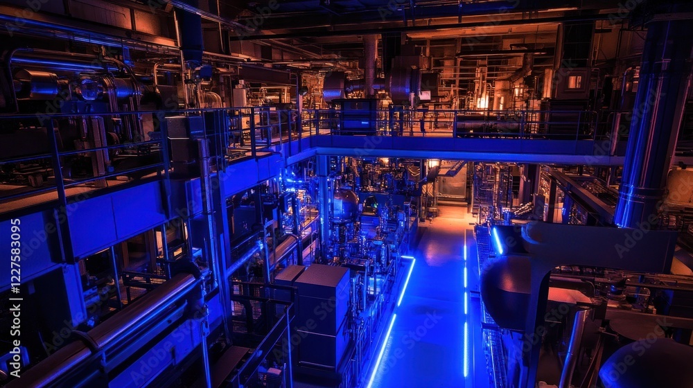 Fototapeta premium Intricate Industrial Interior: A Symphony of Blue Light and Steel