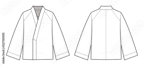 Loungewear Kimono Technical Fashion Illustration.Kimono Jacket Vector Template. Front and Back View.Relaxed-Fit. Menswear. CAD Mockup Set.