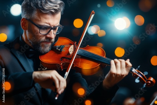A musician fluently playing a violin, their hands moving gracefully as the strings vibrate under soft stage lighting