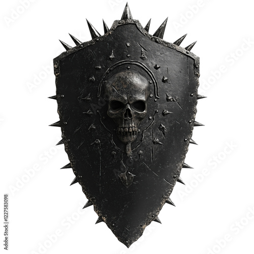 Dark metal battle shield adorned with spikes and a menacing skull emblem, featuring a rugged, battle-worn design, isolated on a transparent background. Perfect for fantasy and warrior themes photo