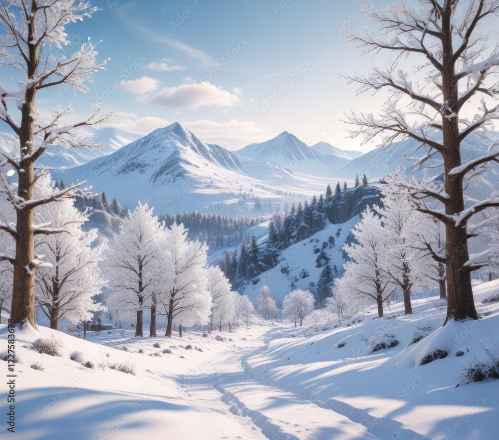 Glittering snow-covered hills with sparkling trees, snowflakes, snowy hills, sparkly Glittering snow-covered hills with sparkling trees, snowflakes, snowy hills, sparkly