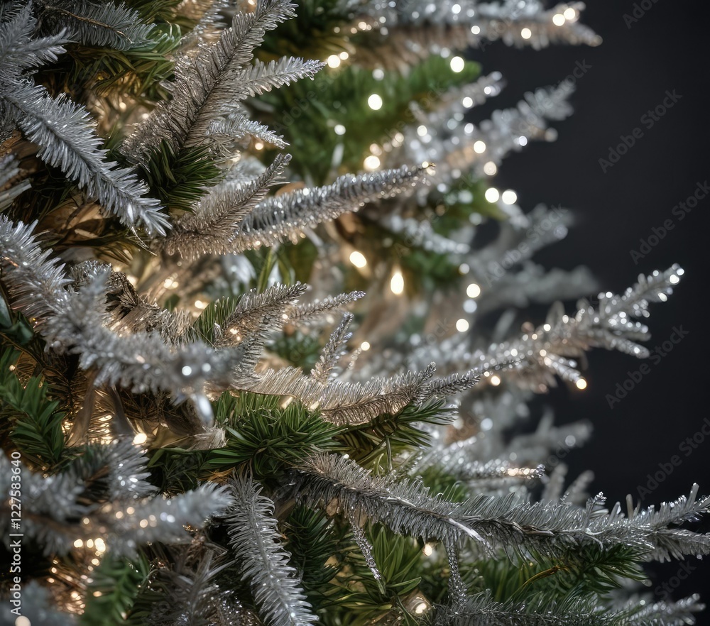 Glittering silver tinsel wrapping around a bare Christmas tree branches , winter wonderland, snowy landscape Glittering silver tinsel wrapping around a bare Christmas tree branches , winter wonderland, snowy landscape