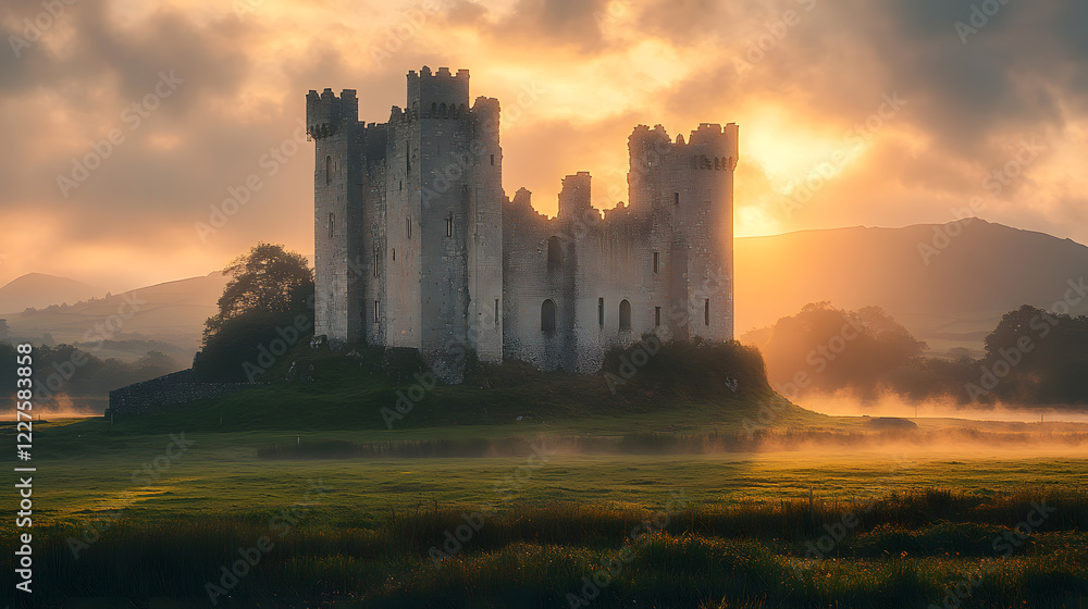 A stunning photography of an ancient stone castle surrounded by lush Irish countryside, with soft sunlight breaking through clouds, creating an ethereal and timeless atmosphere. A stunning photography of an ancient stone castle surrounded by lush Irish countryside, with soft sunlight breaking through clouds, creating an ethereal and timeless atmosphere.
