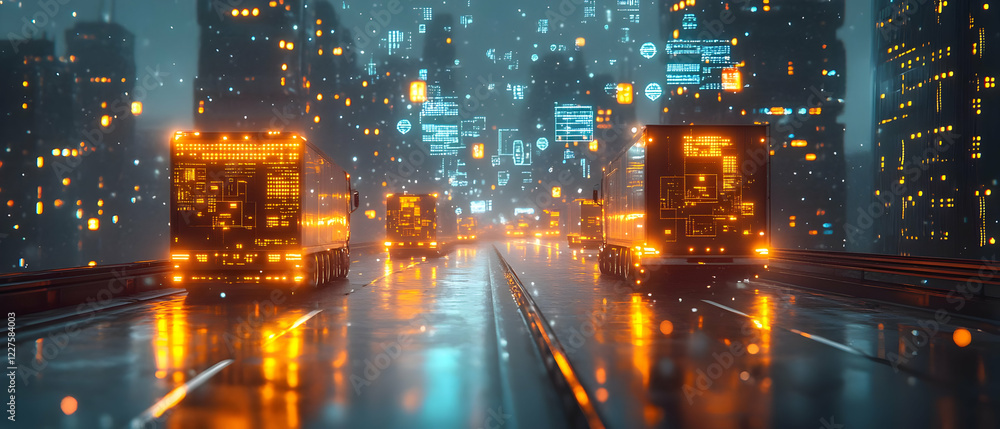 Futuristic trucks highway rain city data Futuristic trucks highway rain city data