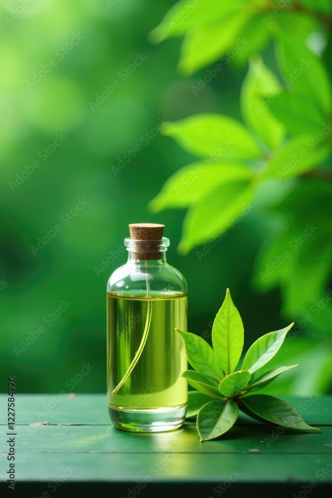 Glass bottle sits on a green wooden table, with fir fragrance in the background, glass, scent, fragrance Glass bottle sits on a green wooden table, with fir fragrance in the background, glass, scent, fragrance