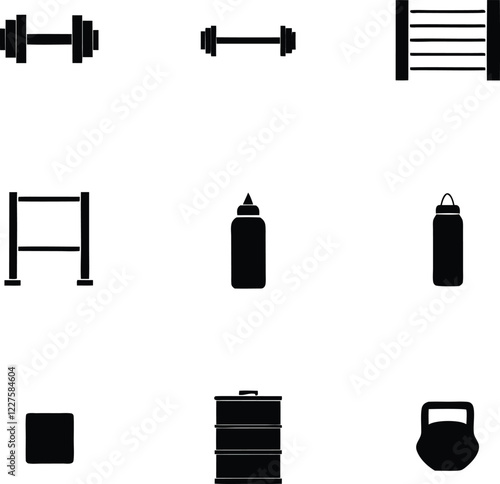 Black and White Gym Equipment Icons Set